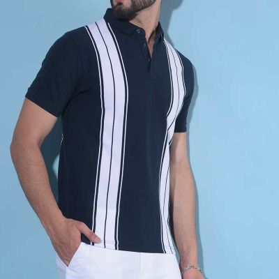 Cotton Striped Polo T-Shirt | 3-Button Placket | Available in Navy-White, Black-Grey, Red-Navy Manufacturers, Suppliers, Exporters in Yangon