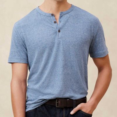 Mens Linen-Cotton Blend Henley - Short Sleeve, Breathable T-Shirt in Beige, Light Blue, Slate Manufacturers, Suppliers, Exporters in Yangon